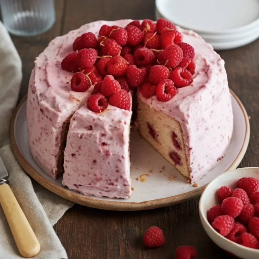 A beautifully presented Raspberry Angel Food Cake sits on a rustic ceramic serving plate atop a dark wooden table. The tall, fluffy cake is generously coated in a textured, light pink raspberry frosting and crowned with a large pile of fresh red raspberries. A single slice has been removed, revealing a light, airy crumb with whole raspberries baked right into the sponge. A serving knife rests on a napkin to the left, and a small bowl of extra fresh raspberries sits to the right.