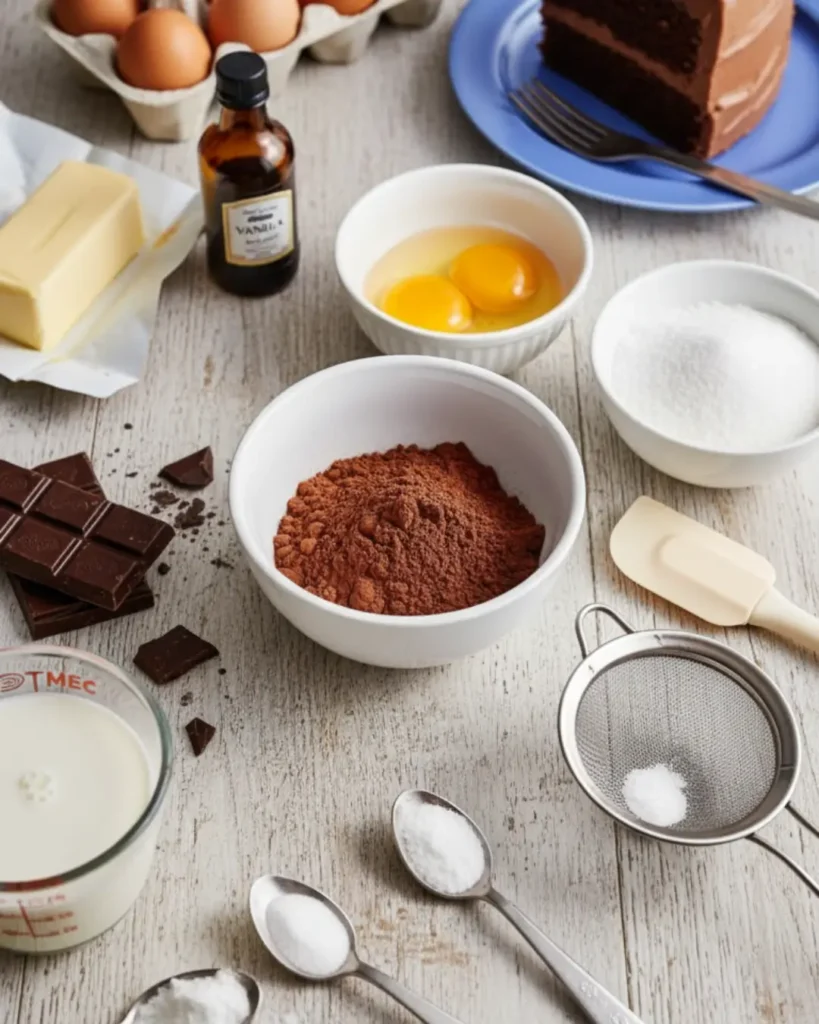 Basic baking ingredients including cocoa powder, eggs, sugar, butter, and milk laid out on a wooden table to make an easy chocolate cake recipe.