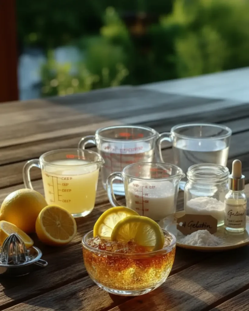 A wooden table displaying the ingredients for a gelatin weight loss trick recipe, including fresh lemons, measuring cups with liquids and sweetener, a plate of gelatin powder, and the finished lemon gelatin dessert in the foreground.