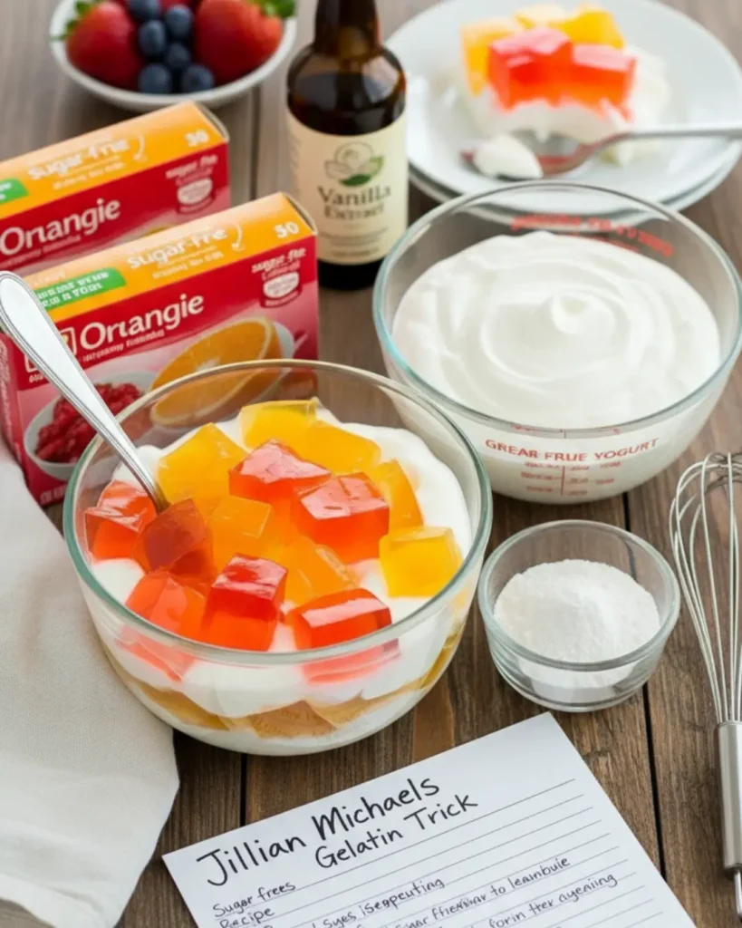 A flat lay of ingredients for the Jillian Michaels gelatin trick recipe, including sugar-free orange gelatin boxes, a bowl of yogurt, vanilla extract, a whisk, and the finished layered gelatin dessert.