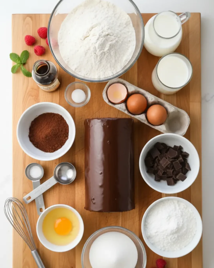 Flat lay of a whole, glazed chocolate sponge roll on a wooden board surrounded by baking ingredients including flour, cocoa powder, sugar, eggs, milk, and chocolate chunks.