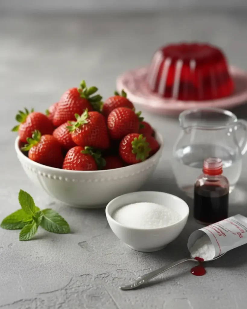 Ingredients for a pink gelatin recipe including a white bowl of strawberries, a bowl of sugar, a pitcher of water, a small bottle of red liquid, and gelatin powder on a spoon.