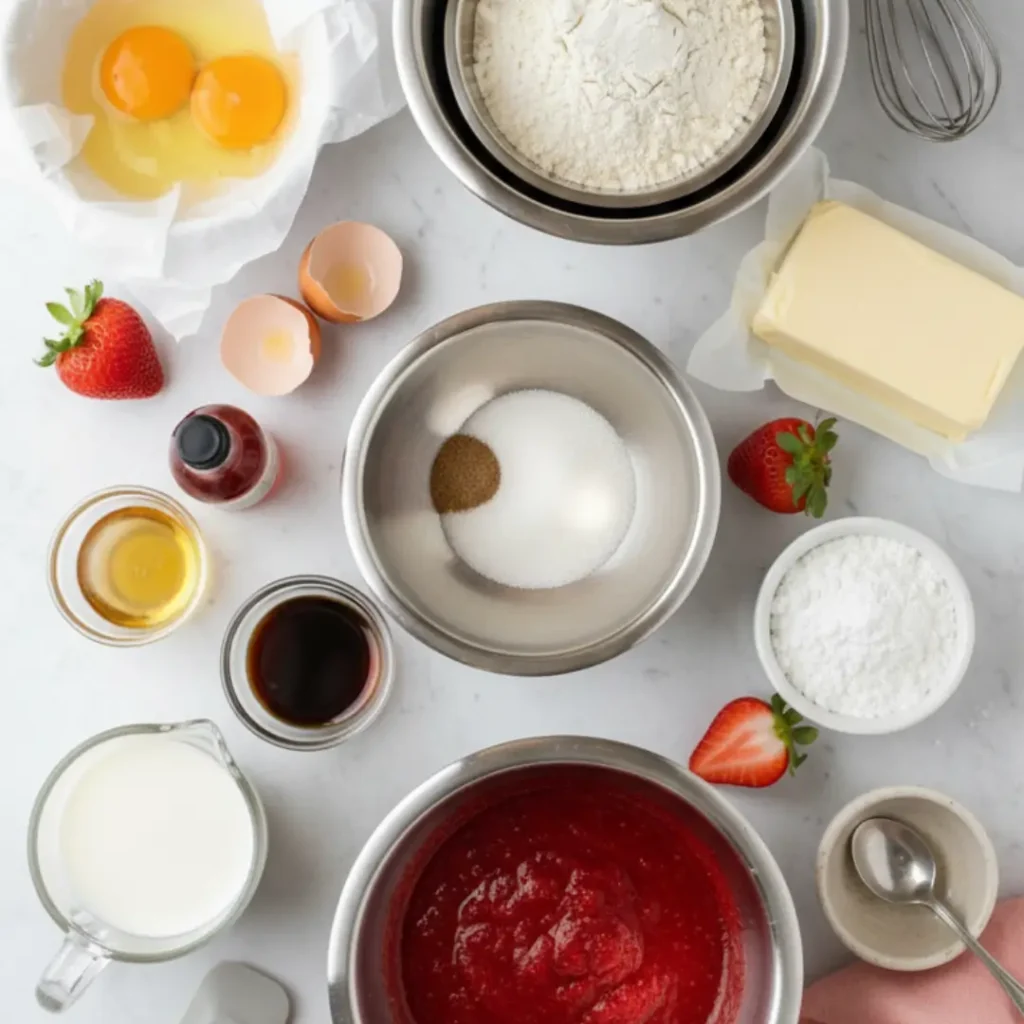 An overhead photograph of various raw ingredients and tools assembled on a marble counter for a Strawberries and Cream Cheesecake Cake.