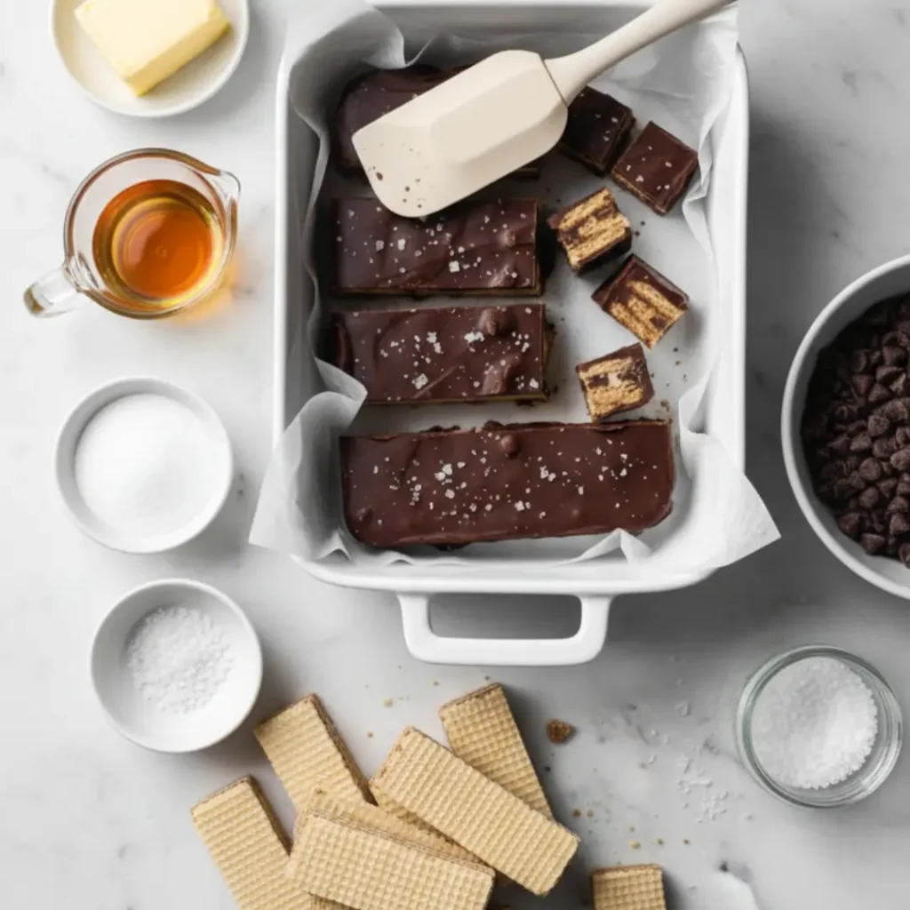 Flat lay of ingredients for easy gluten free desserts on a marble counter, including plain wafers, chocolate chips, butter, sugar, and finished chocolate wafer bars in a dish.