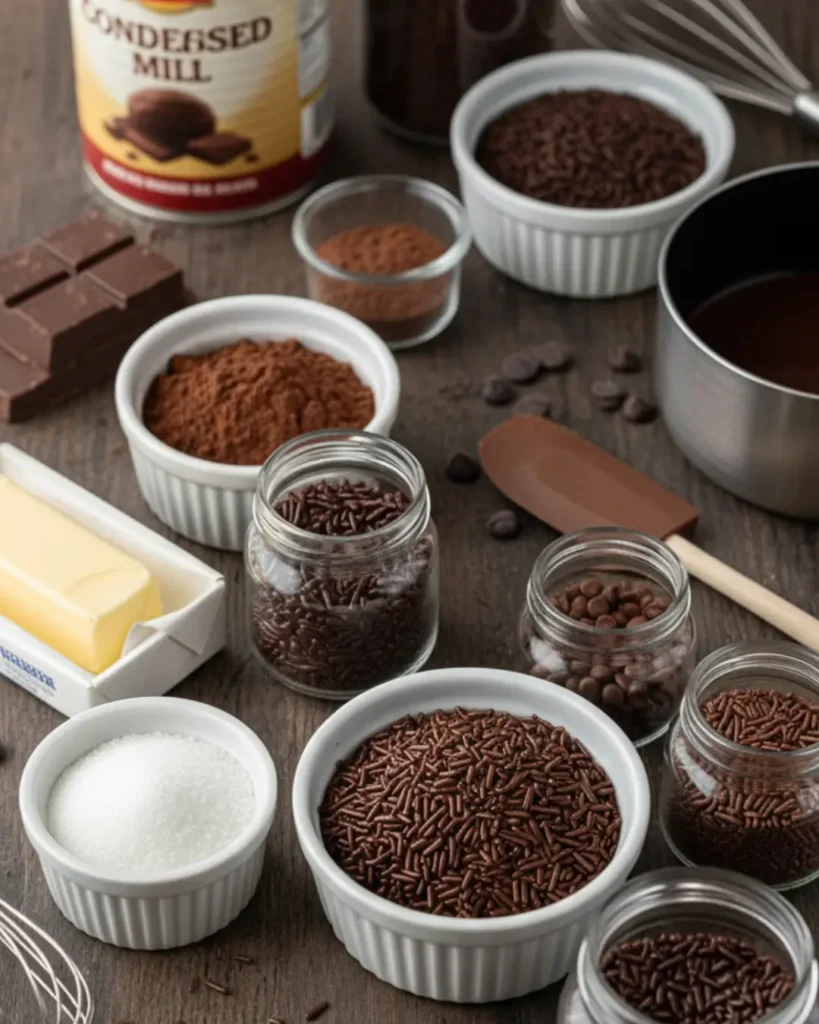 Assorted baking ingredients including cocoa powder, butter, and sprinkles laid out on a wooden table to make Quick Chocolate Brownie Truffles.