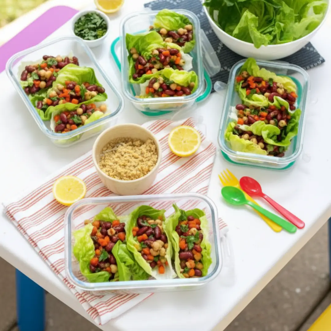 Glass meal prep containers filled with kidney bean, chickpea, and carrot lettuce wraps next to a bowl of quinoa, representing a healthy lunch for weight lose.