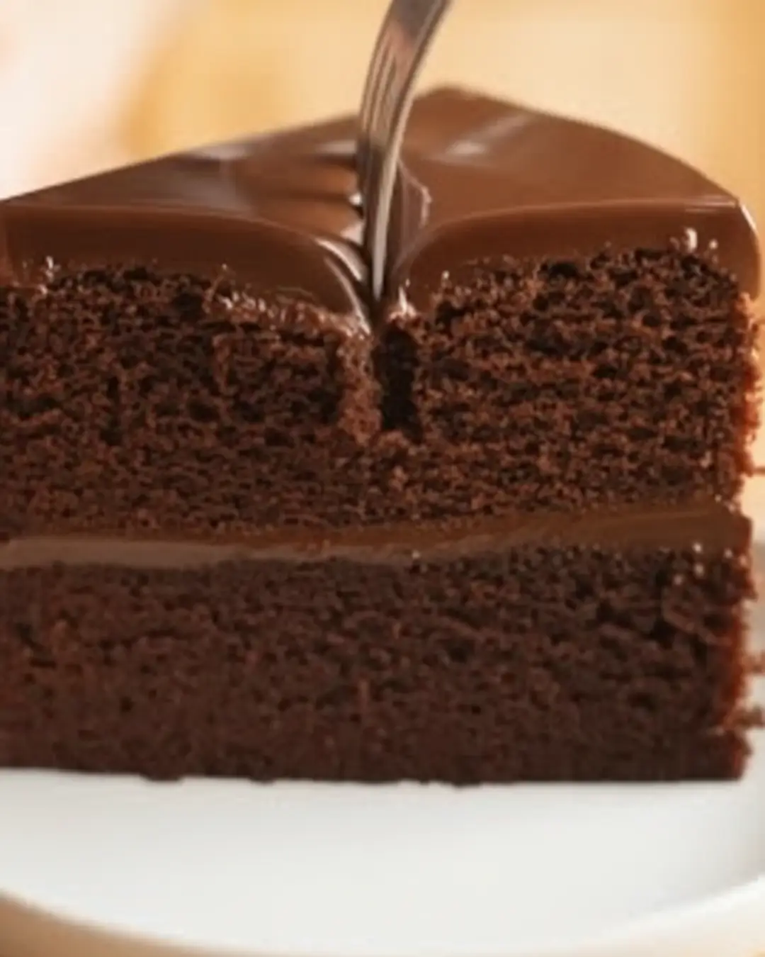 A close-up of a silver fork slicing through a rich, two-layer moist chocolate cake Recipe covered in thick, glossy fudge frosting.