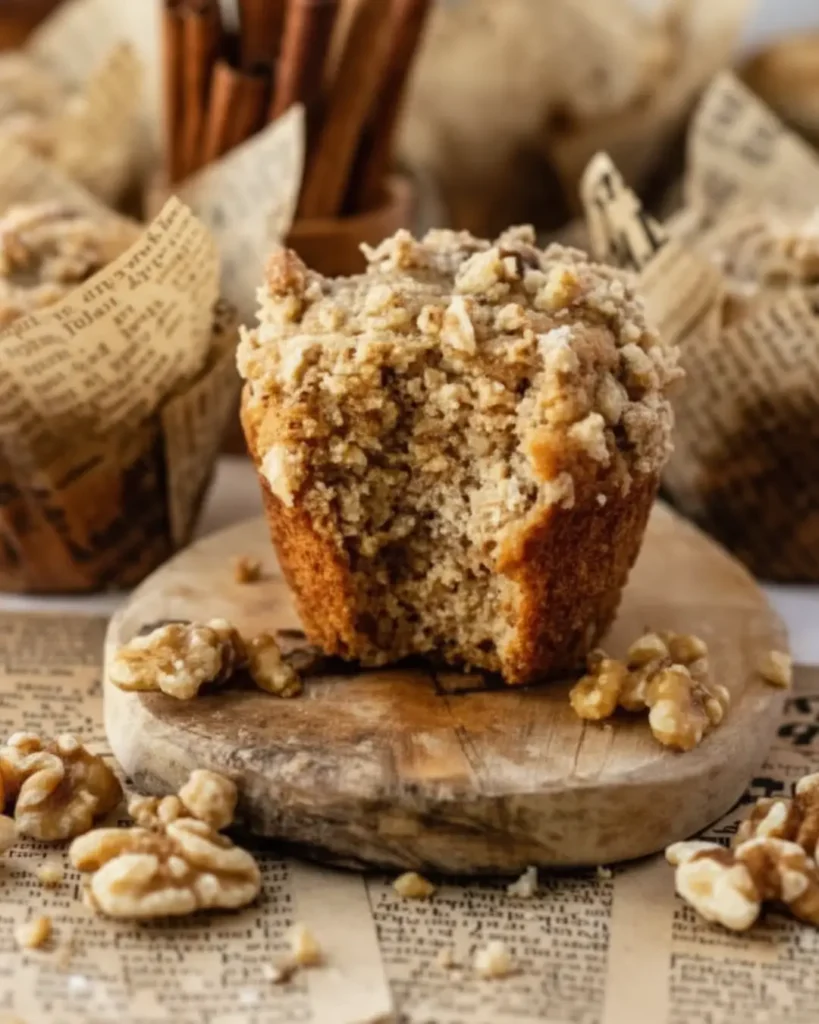 A partially eaten banana bread muffin with a crumbly walnut streusel topping on a rustic wooden board, surrounded by loose walnuts and cinnamon sticks.