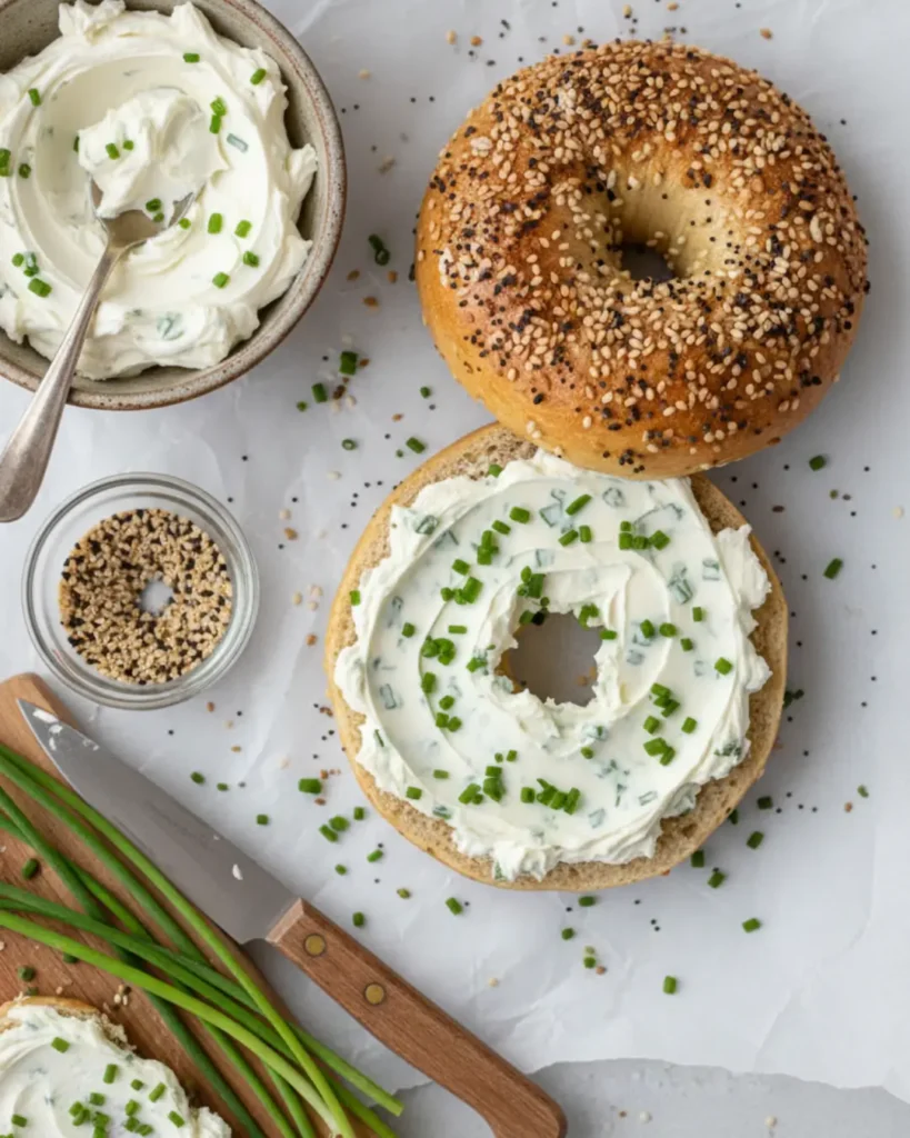Close-up of a sliced everything bagel recipe with cream cheese and fresh chives on white parchment paper.