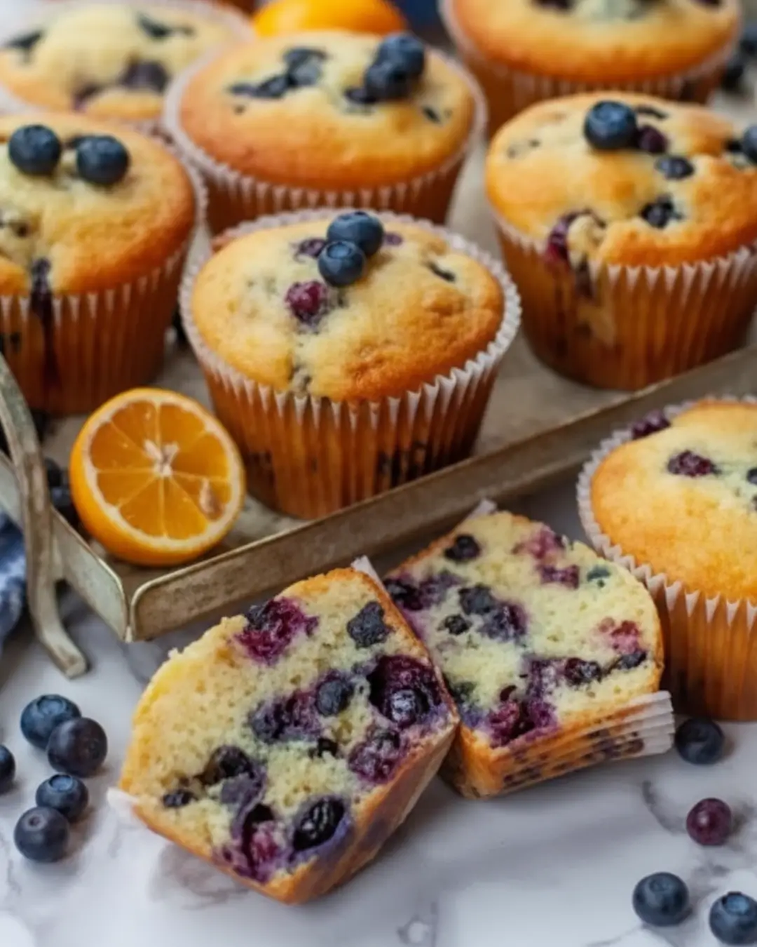 A close-up of freshly baked lemon blueberry muffins on a rustic metal tray, with one muffin cut in half to show the moist crumb and juicy blueberries inside, garnished with fresh berries and a slice of lemon.