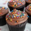 A close-up of a rich, frosted chocolate cupcake with rainbow sprinkles, baked as a miniature version of a gluten free chocolate cake.