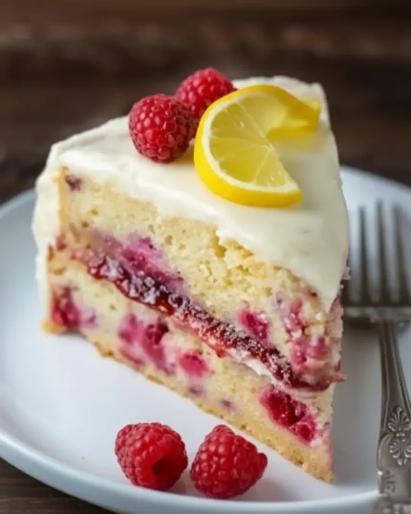 A slice of layered raspberry lemon cake on a white plate, frosted with white icing and garnished with fresh raspberries and a lemon twist.