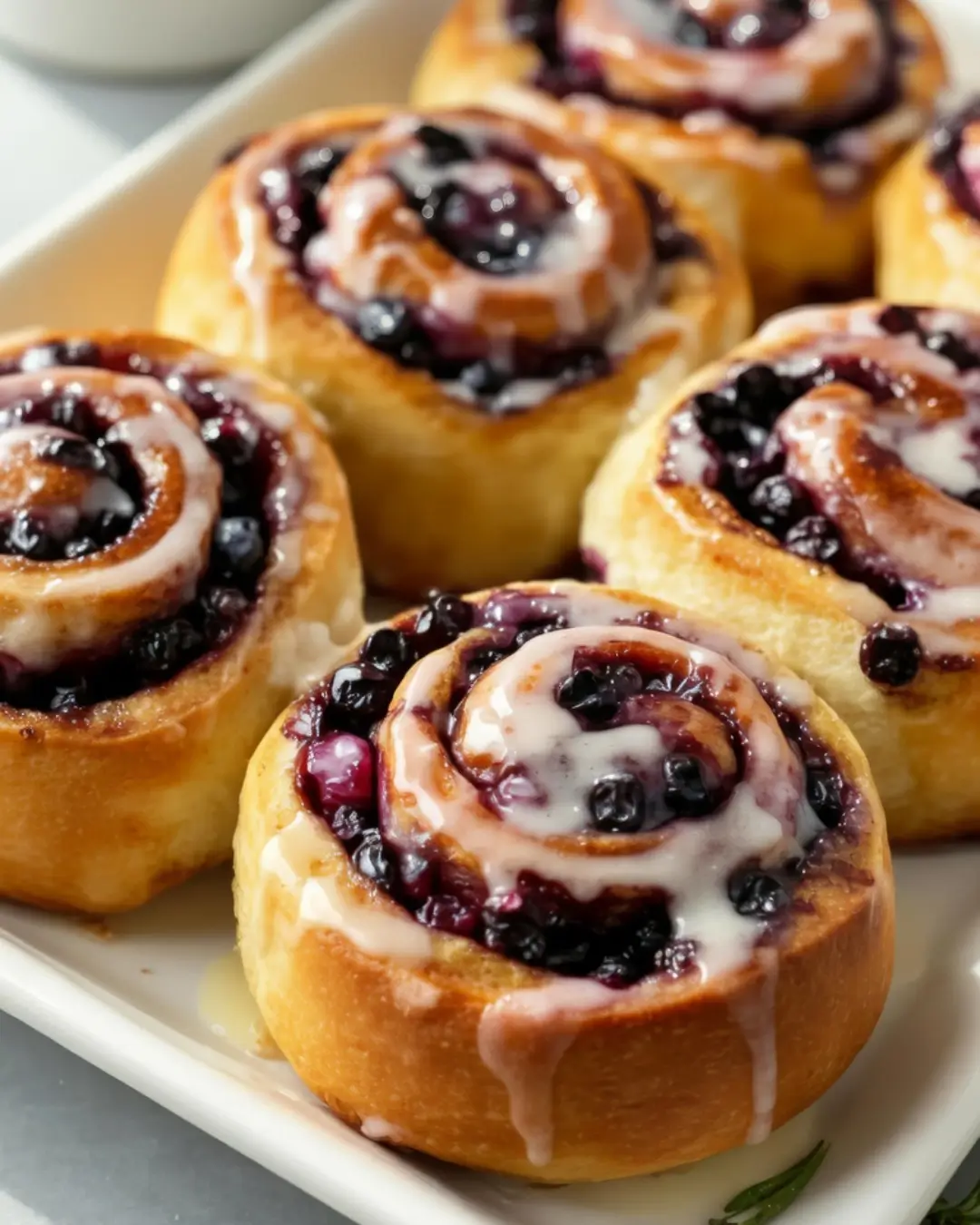 Close-up view of warm, golden-brown Huckleberry Cinnamon Rolls filled with dark berries and generously drizzled with white icing on a white serving platter.