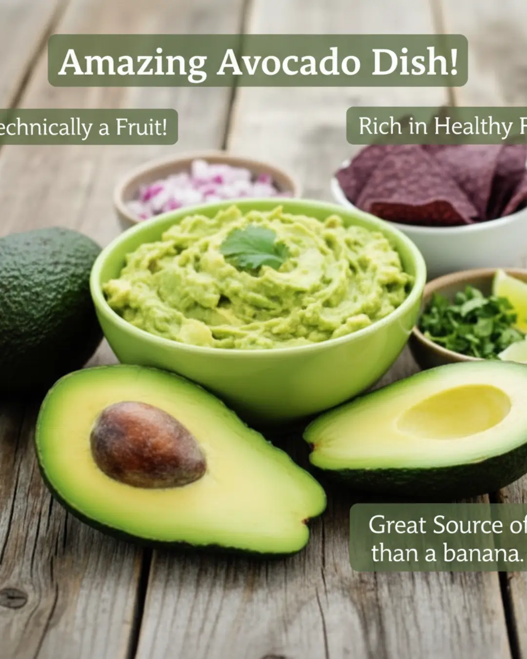 A bowl of freshly made guacamole surrounded by avocado halves, tortilla chips, onions, and limes, with text overlays highlighting calories in avacado nutrition facts.