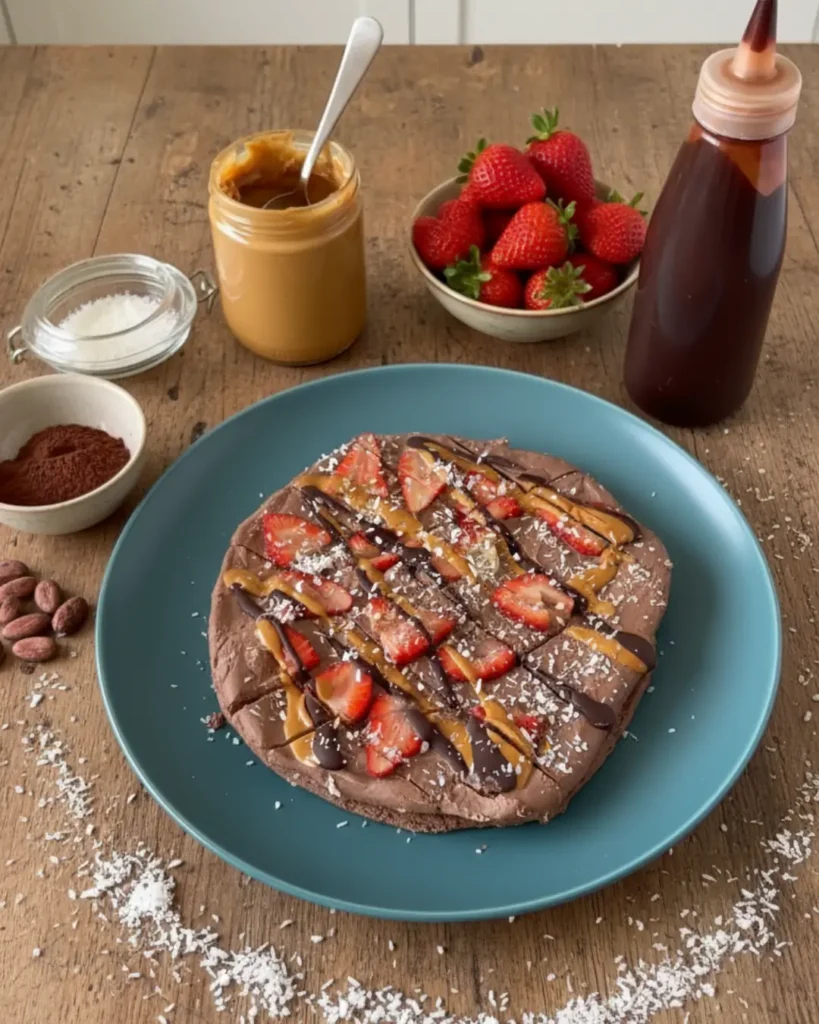 A hand squeezing rich chocolate syrup from a bottle onto a round chocolate frozen yogurt bark decorated with strawberries and peanut butter.