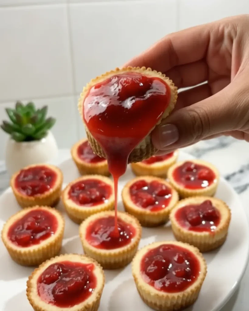 A hand holding a mini strawberry cheesecake with sweet strawberry topping dripping down onto a white plate filled with more mini cheesecakes.