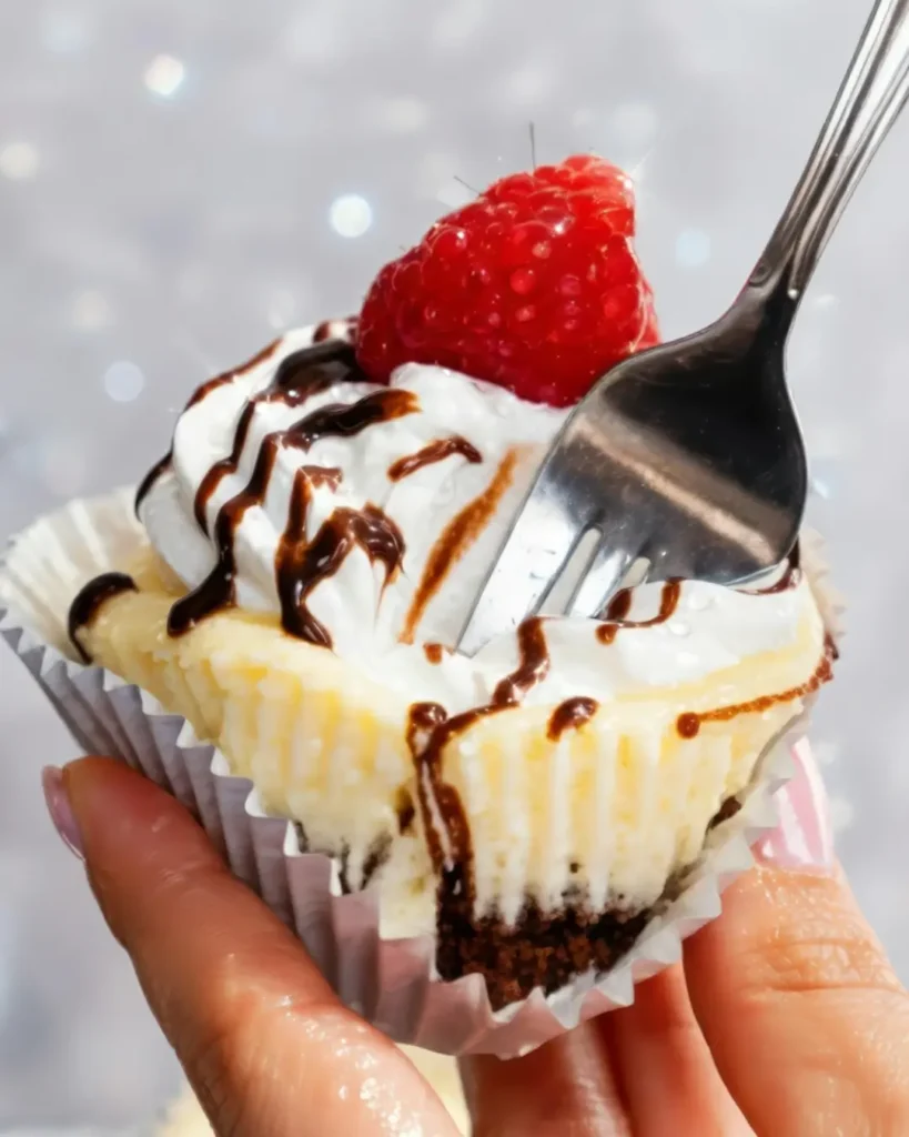 Close-up of a fork cutting into a decadent Brownies Bottom Mini Cheesecake garnished with whipped cream, chocolate drizzle, and a fresh raspberry.