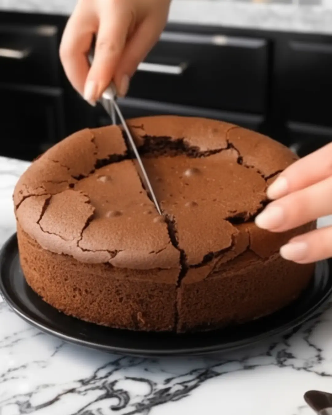 Hands slicing a decadent, dense flourless chocolate cake resting on a black serving plate over a white marble countertop.