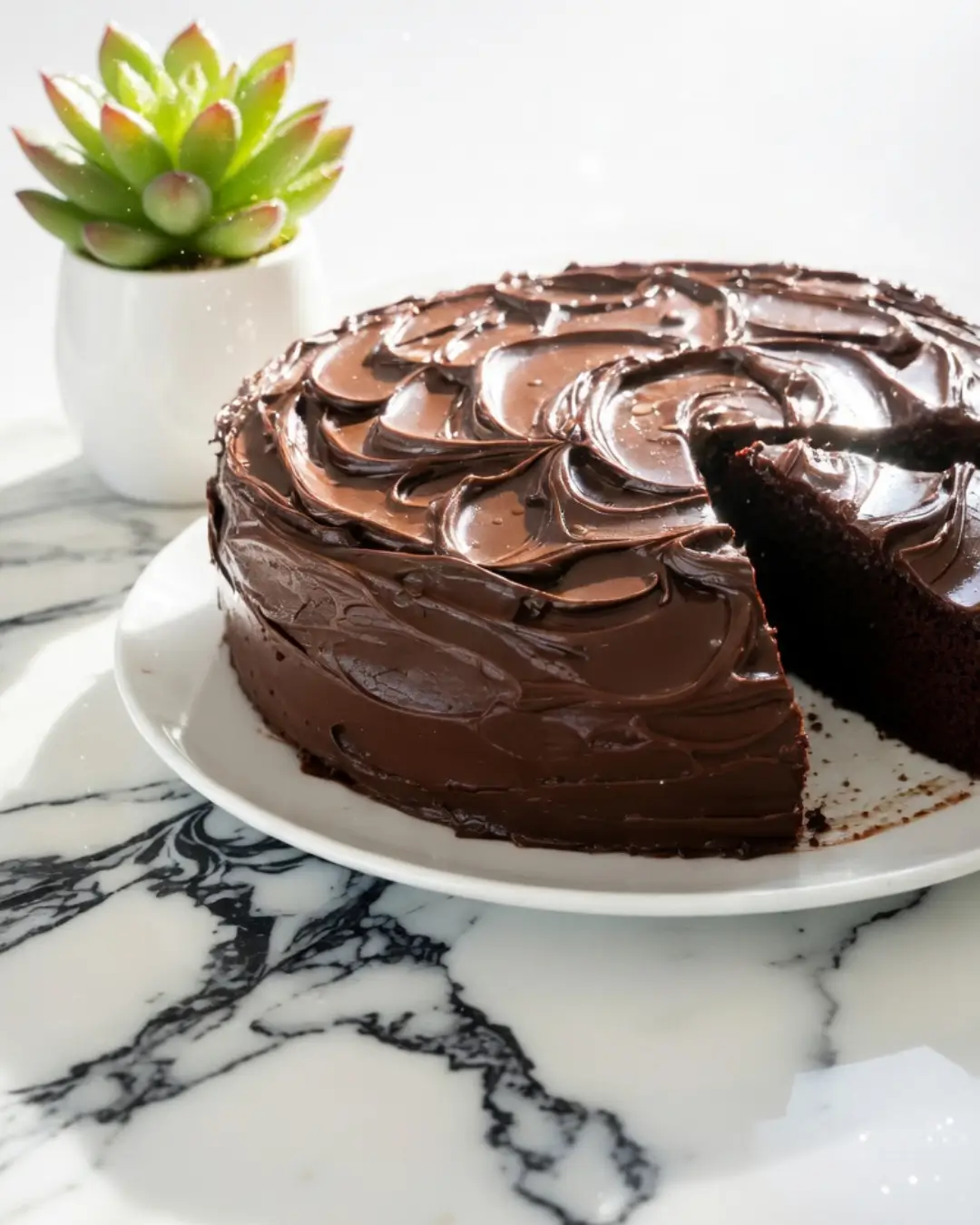 how to make a chocolate fudge cake step by step served on a marble board with fresh garnish