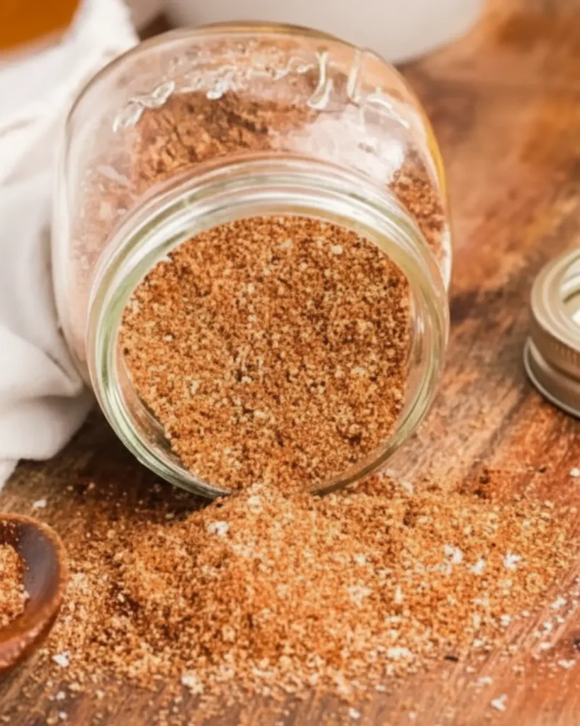 A glass mason jar tipped over, spilling a freshly mixed homemade blend for a fajita seasoning recipe onto a wooden cutting board.