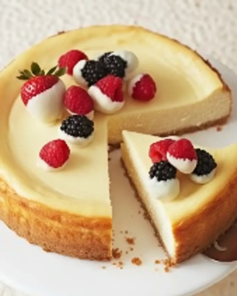 A sliced baked white chocolate cheesecake on a white stand, topped with fresh strawberries, raspberries, and blackberries dipped in white chocolate.A sliced baked white chocolate cheesecake on a white stand, topped with fresh strawberries, raspberries, and blackberries dipped in white chocolate.