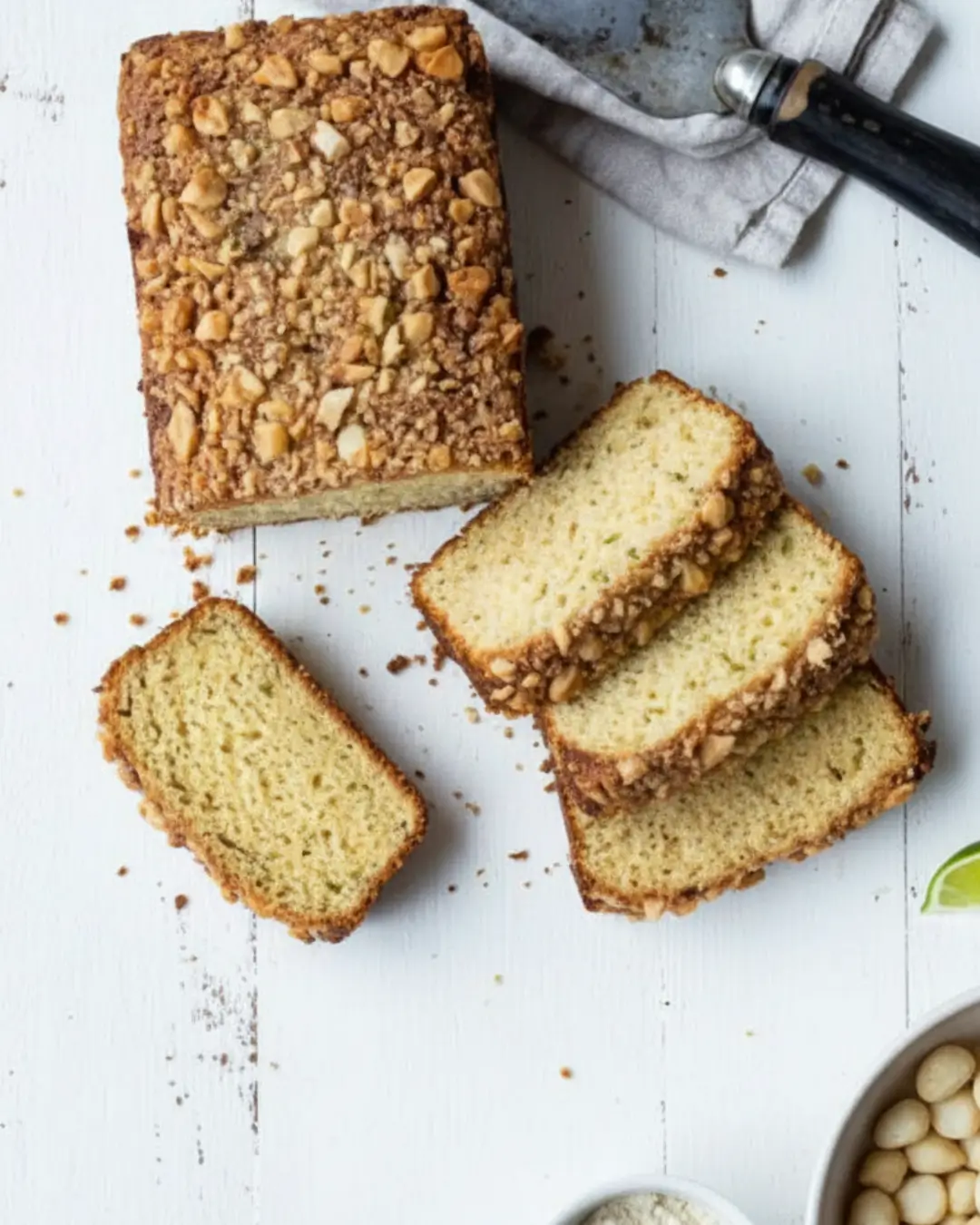 Overhead view of baking ingredients including a bowl of flour, eggs, butter, lime, and crushed nuts on a white wooden table, inspiring searches for a gluten free bakery near me.