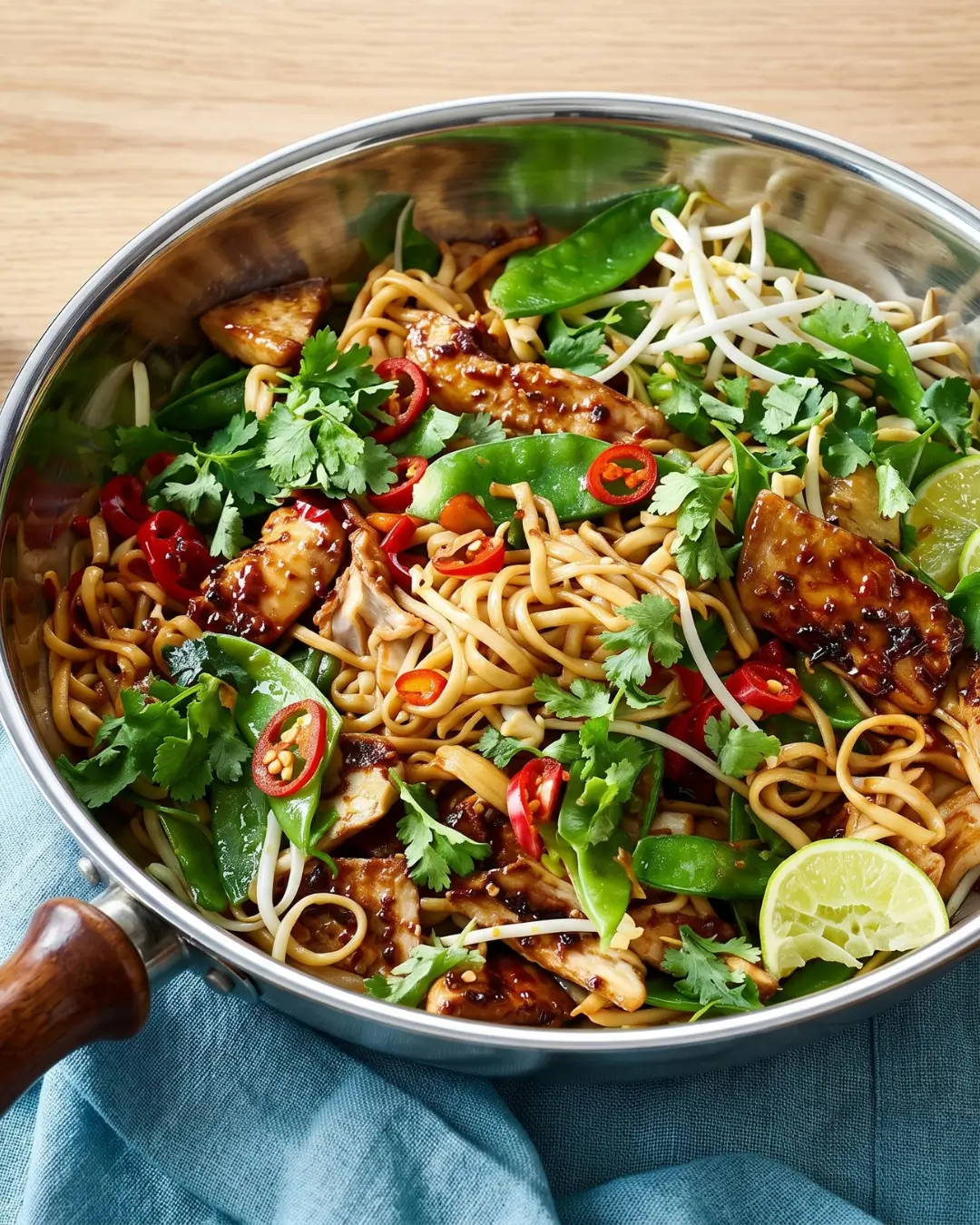 A skillet filled with a savory noodle stir-fry recipe featuring glazed chicken, snow peas, bean sprouts, red chili peppers, fresh cilantro, and lime wedges.