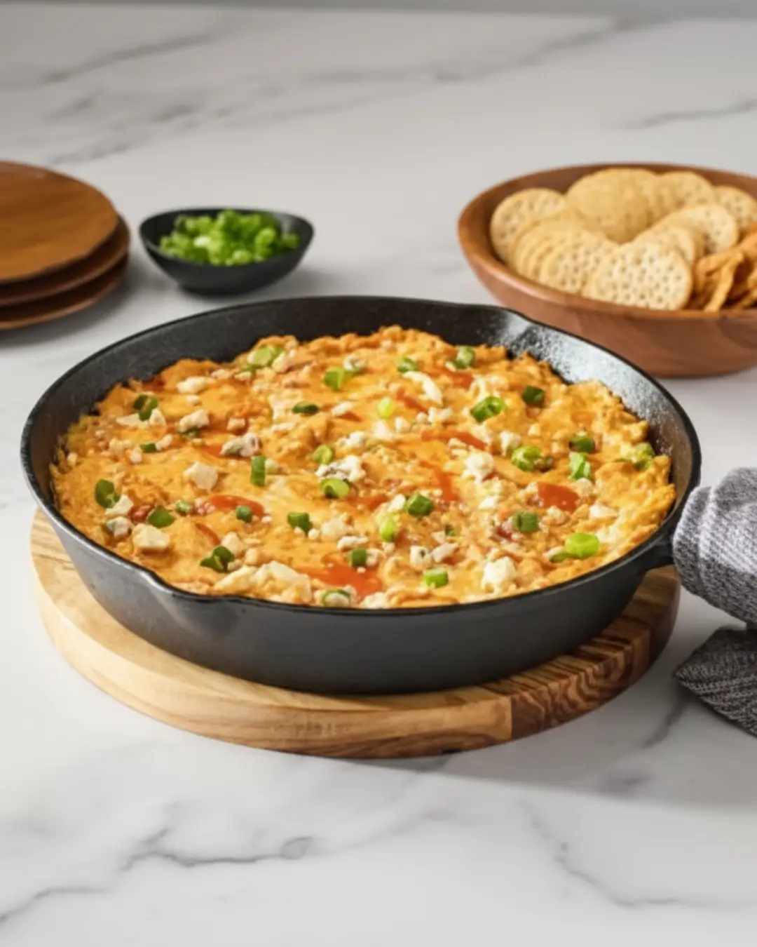 A cast iron skillet filled with hot baked buffalo chicken dip topped with blue cheese crumbles, hot sauce, and green onions.