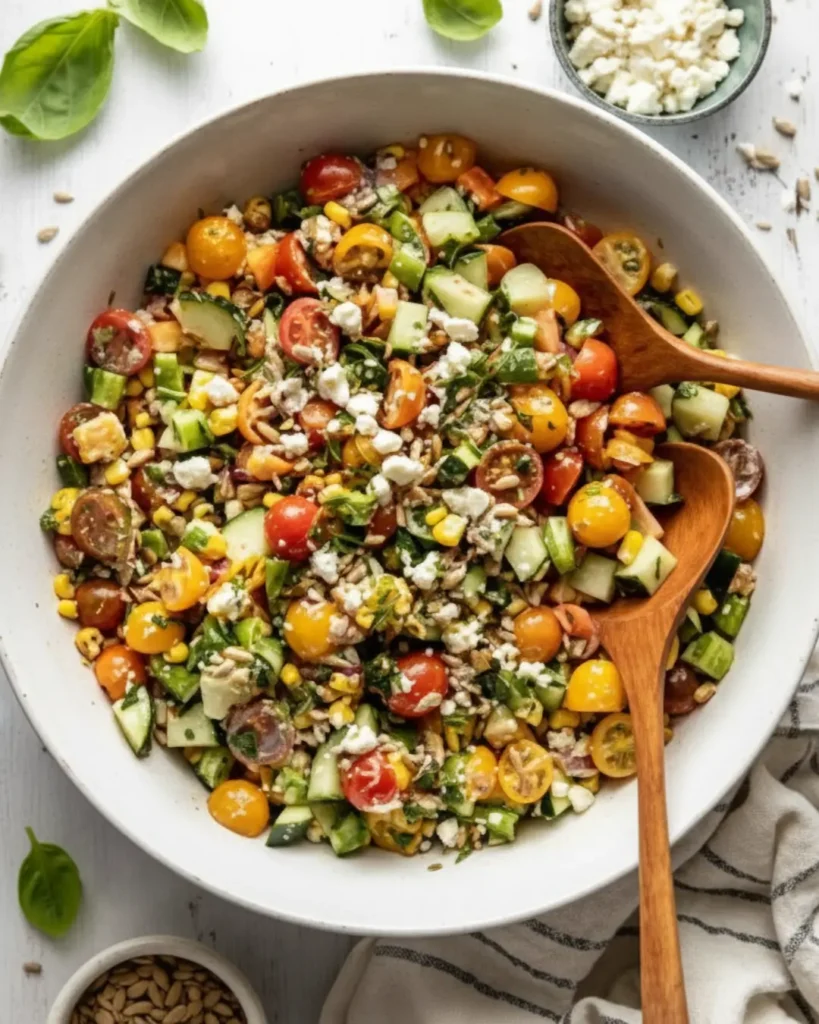 A bright summer salads on a white platter featuring sliced avocado, yellow mango cubes, red tomatoes, sliced radishes, red onion, and crumbled feta, drizzled with a green herb dressing.