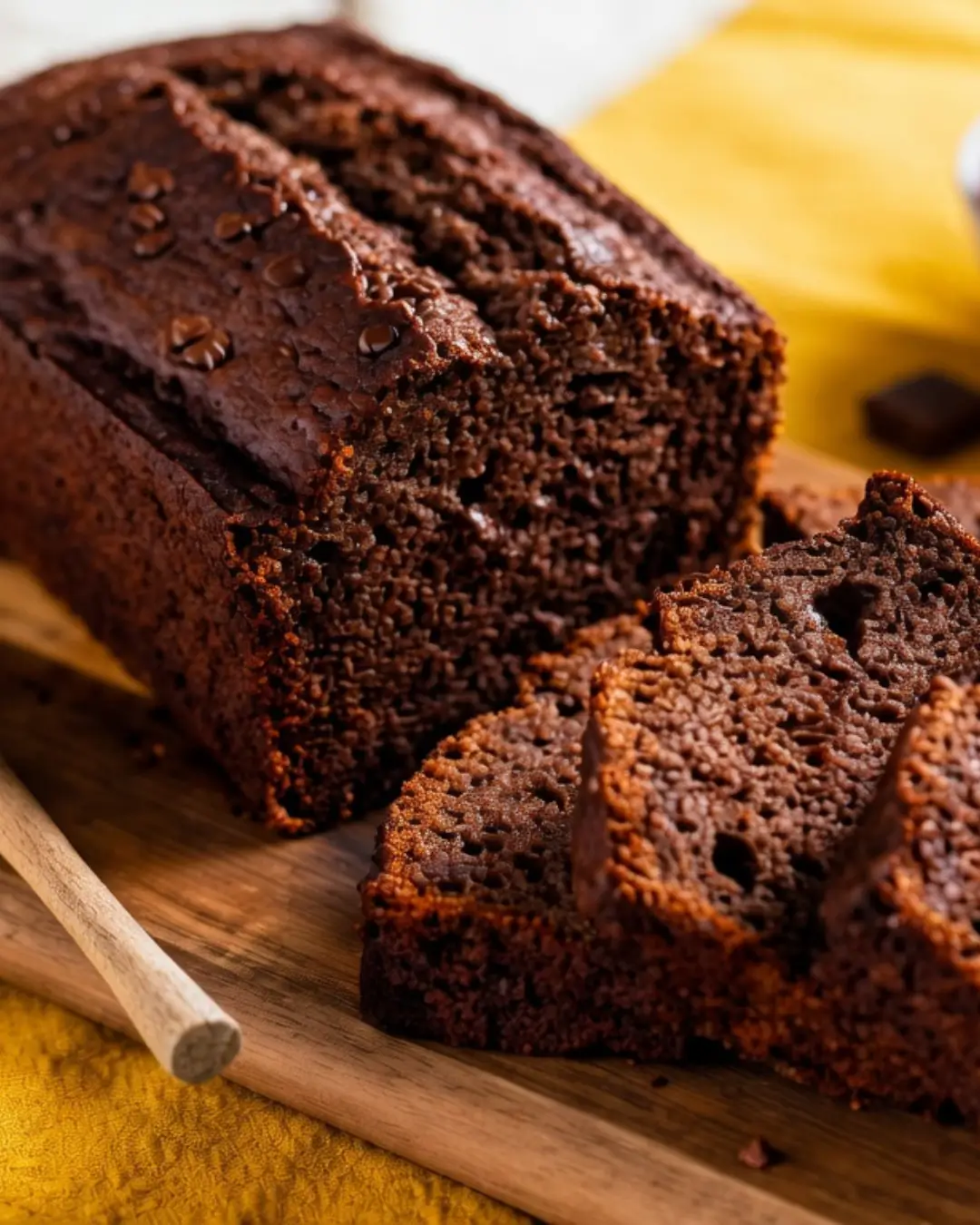 A partially sliced loaf of dark chocolate banana bread on a wooden cutting board.