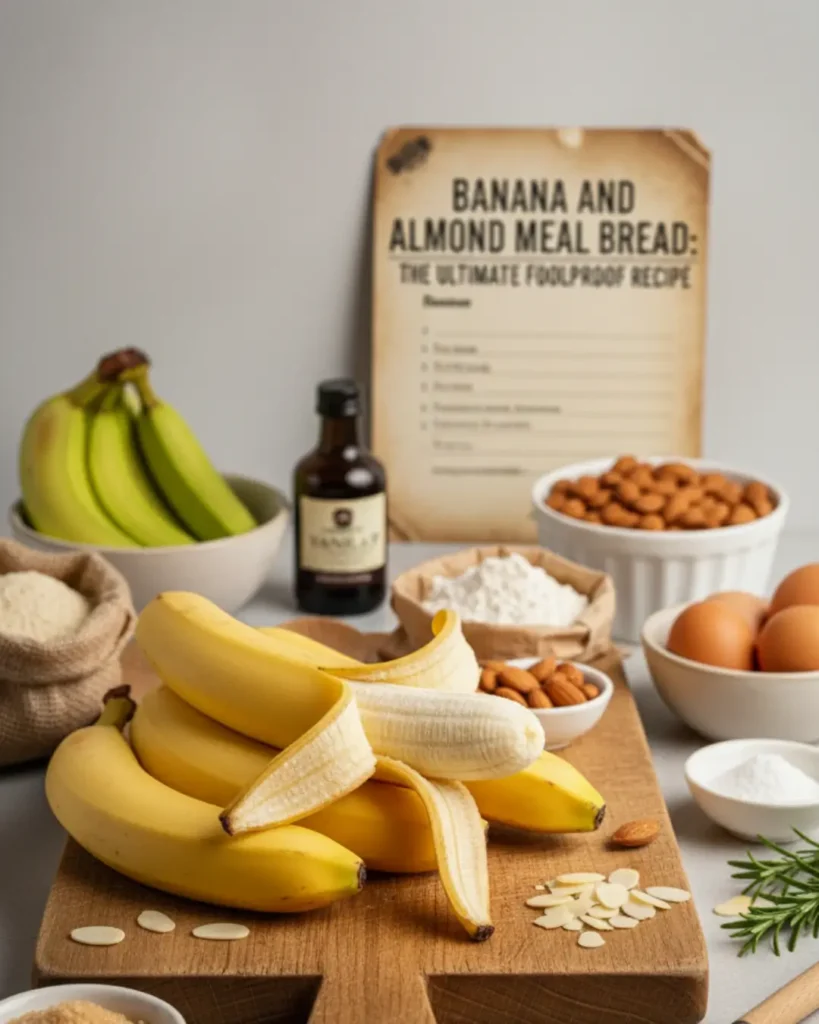 Various baking ingredients including fresh bananas, whole almonds, eggs, and almond meal arranged on a table to make banana and almond meal bread.