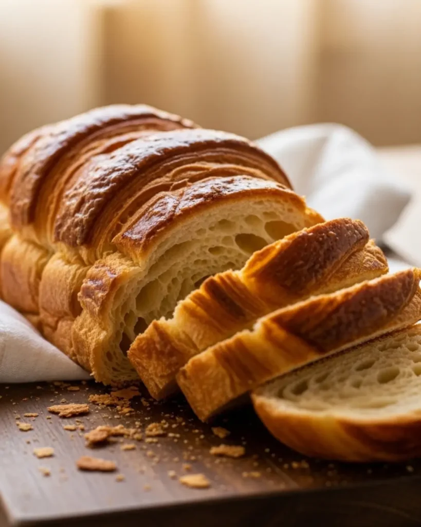 A freshly baked, golden-brown croissant bread loaf, partially sliced on a wooden cutting board with flaky crumbs scattered around.