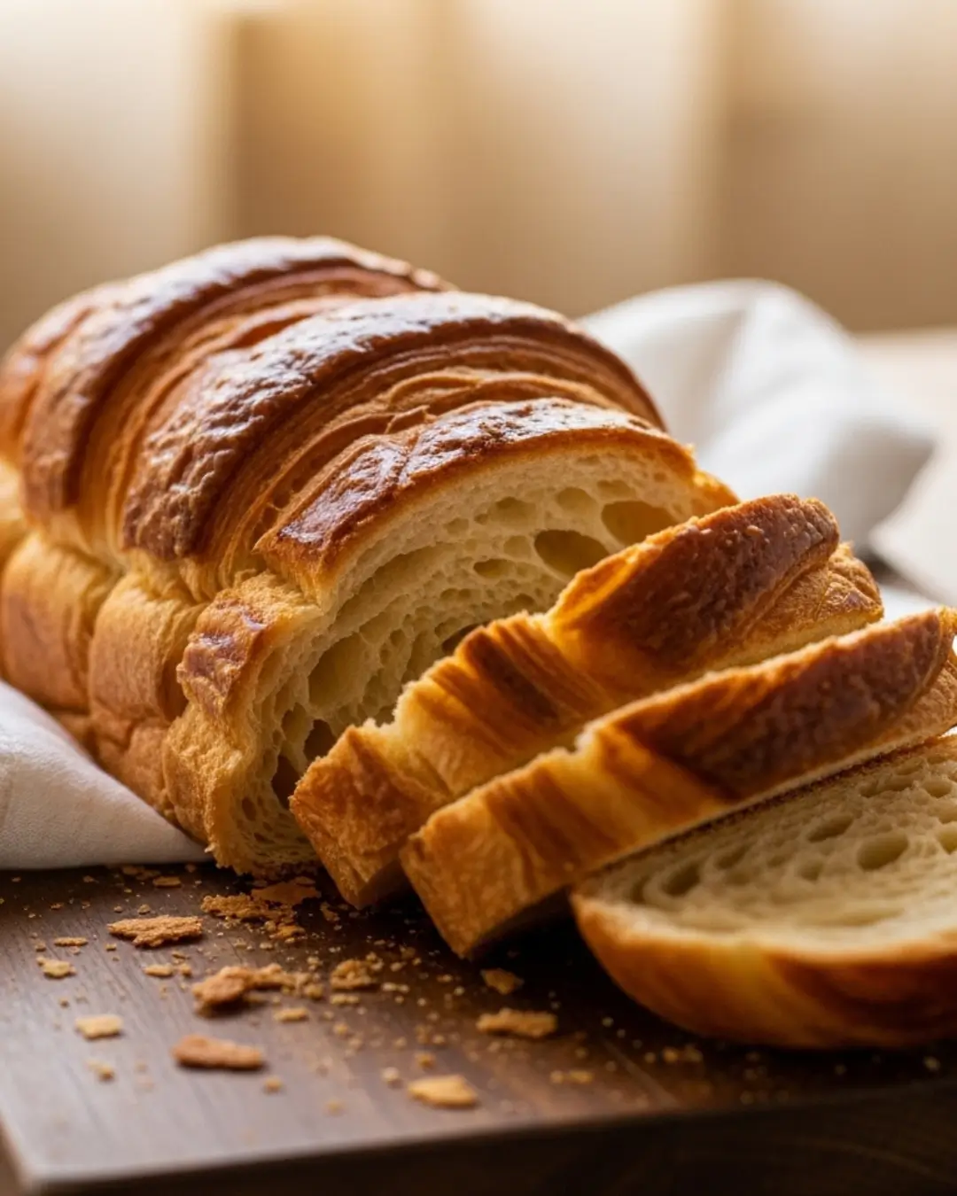 A freshly baked, golden-brown croissant bread loaf, partially sliced on a wooden cutting board with flaky crumbs scattered around.