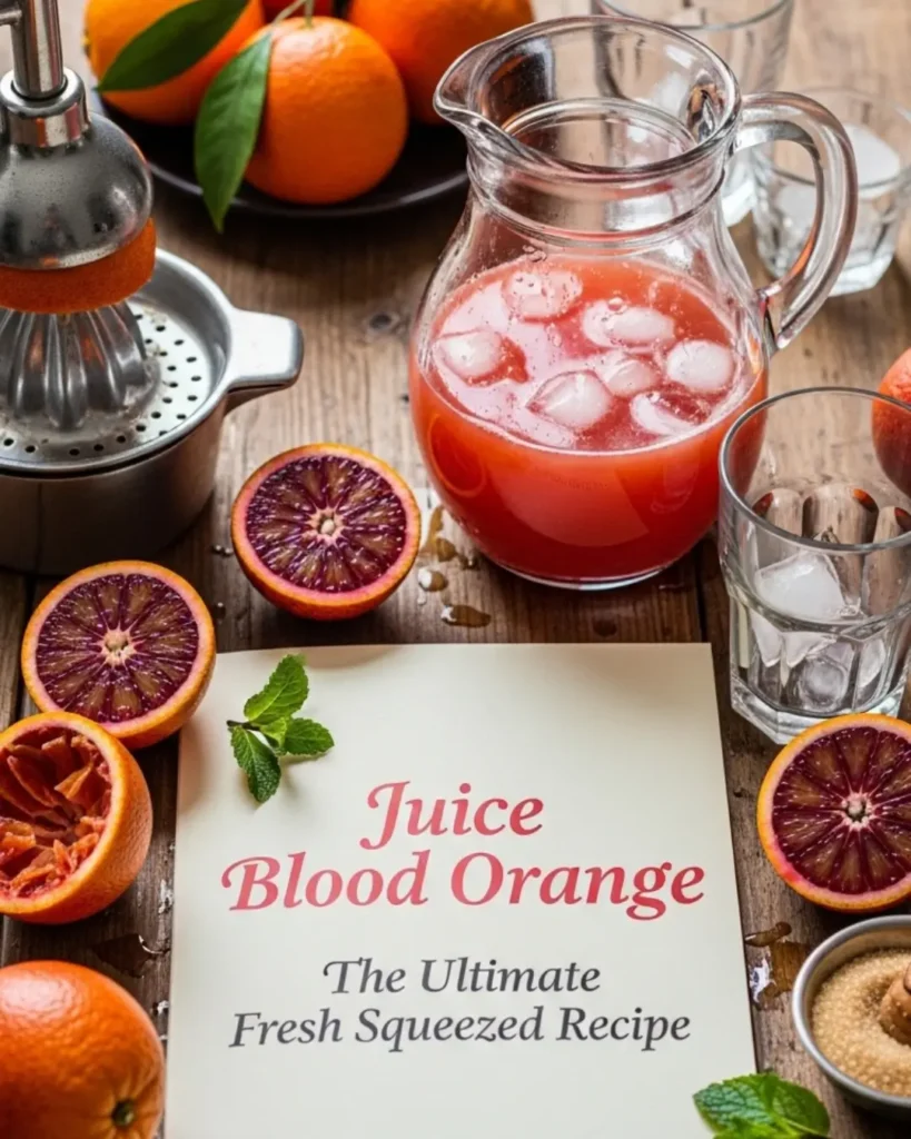 A glass pitcher of iced juice blood orange on a wooden table surrounded by fresh oranges, a citrus press, and a recipe card.