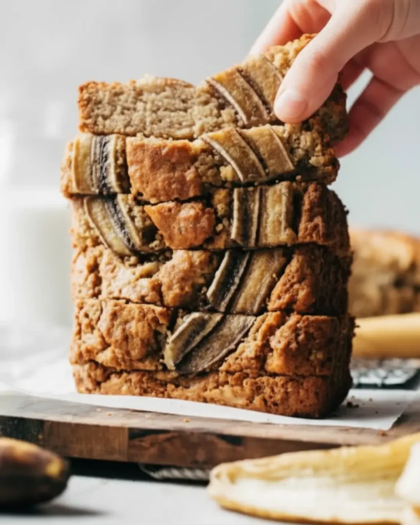 Hand picking up the top slice from a tall stack of freshly baked gluten-free banana bread topped with caramelized banana strips.