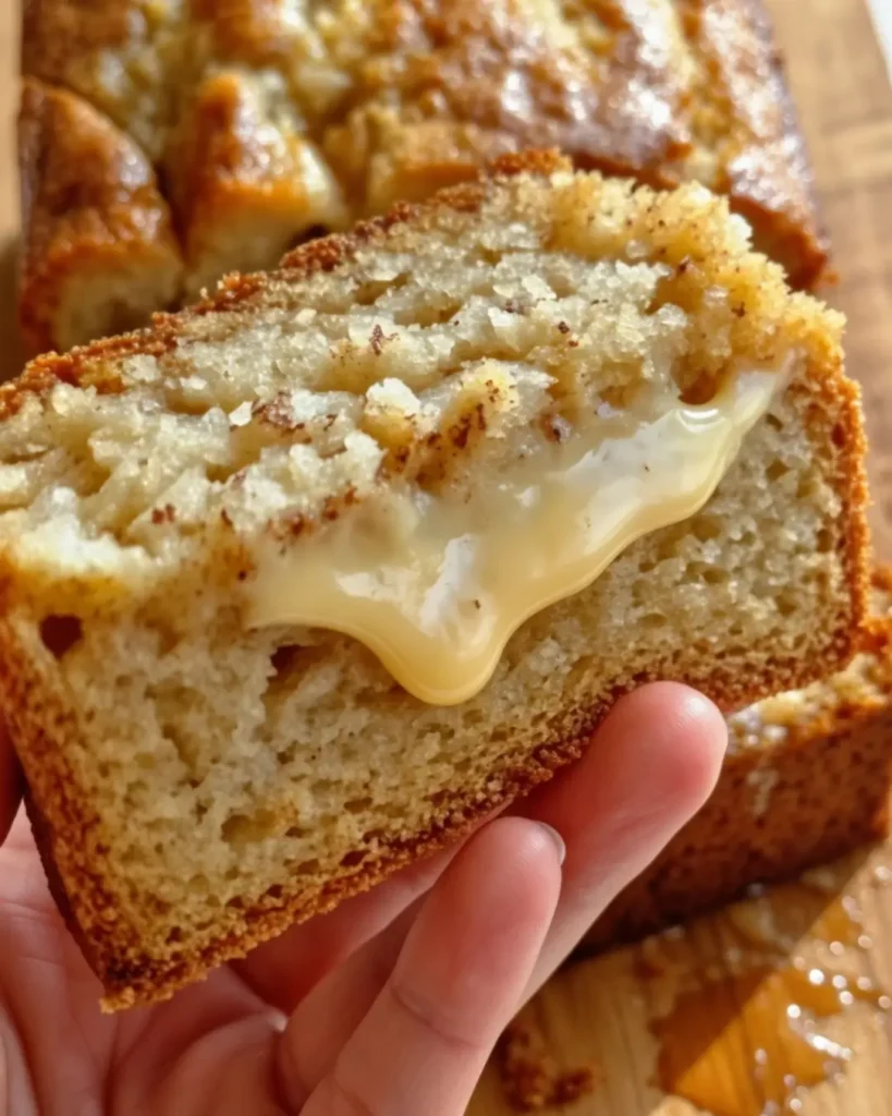 A close-up of a hand holding a thick slice of the Best Ever Banana Bread, revealing a warm, gooey, melted center dripping down the crumb.