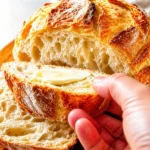 A hand holding a buttered slice of easy homemade crusty artisan bread next to the freshly baked, sliced loaf.