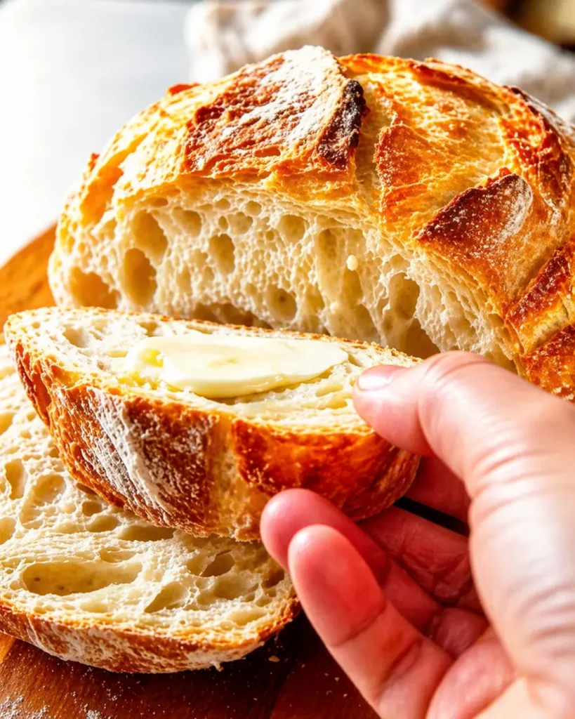 A hand holding a buttered slice of easy homemade crusty artisan bread next to the freshly baked, sliced loaf.