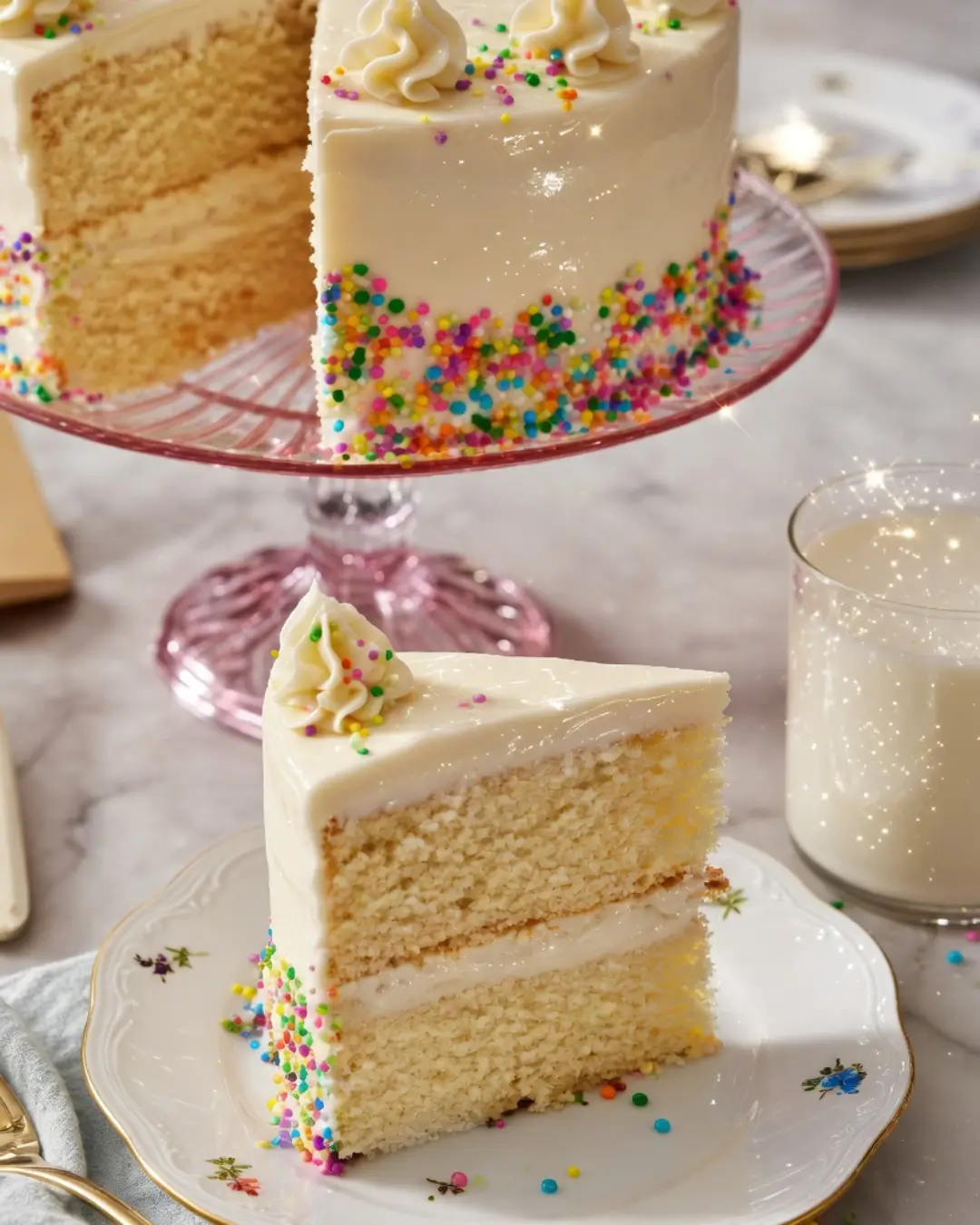 A beautiful slice of a classic white cake recipe featuring two layers, creamy white vanilla frosting, and colorful rainbow sprinkles resting on a floral plate.