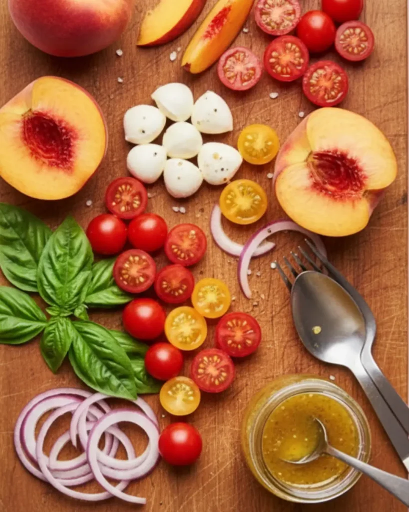Fresh ingredients for a Summer Peach Salad laid out on a wooden cutting board, including peaches, cherry tomatoes, mozzarella balls, and basil.