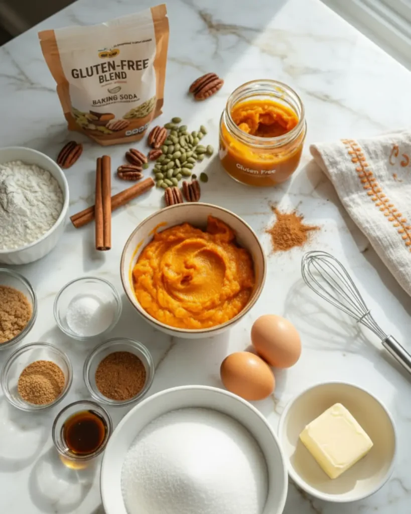 Flat lay of ingredients for making Gluten Free Pumpkin Bars, including pumpkin puree, gluten-free flour, eggs, sugar, and spices on a white marble counter.
