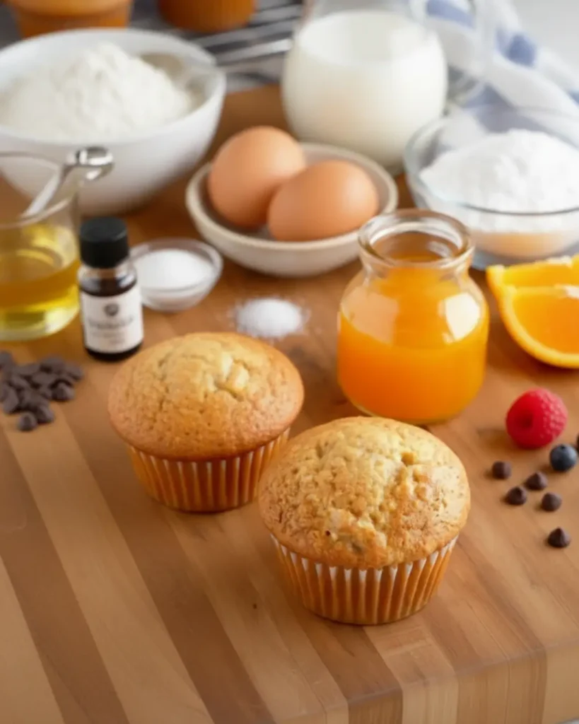 A spread of baking ingredients alongside freshly baked Best Ever Banana Muffins on a wooden board.