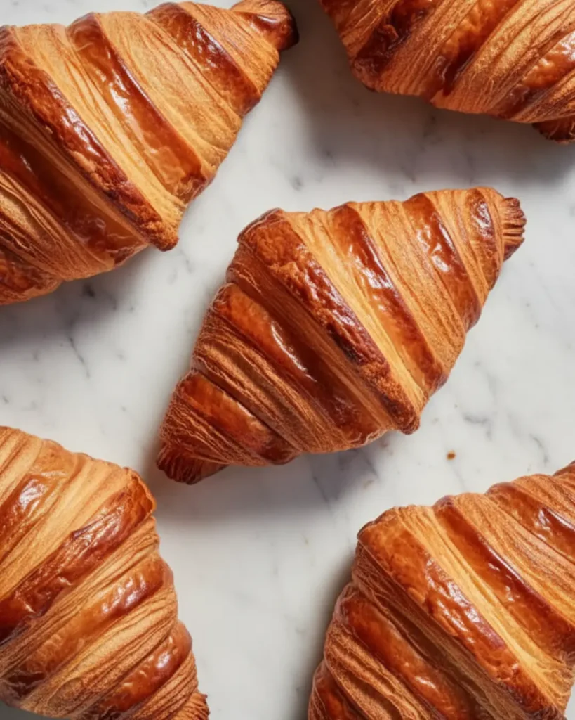 Top-down view of several golden-brown, flaky pastries, highlighting the crispy layers of freshly baked croissant bread resting on a white marble countertop.