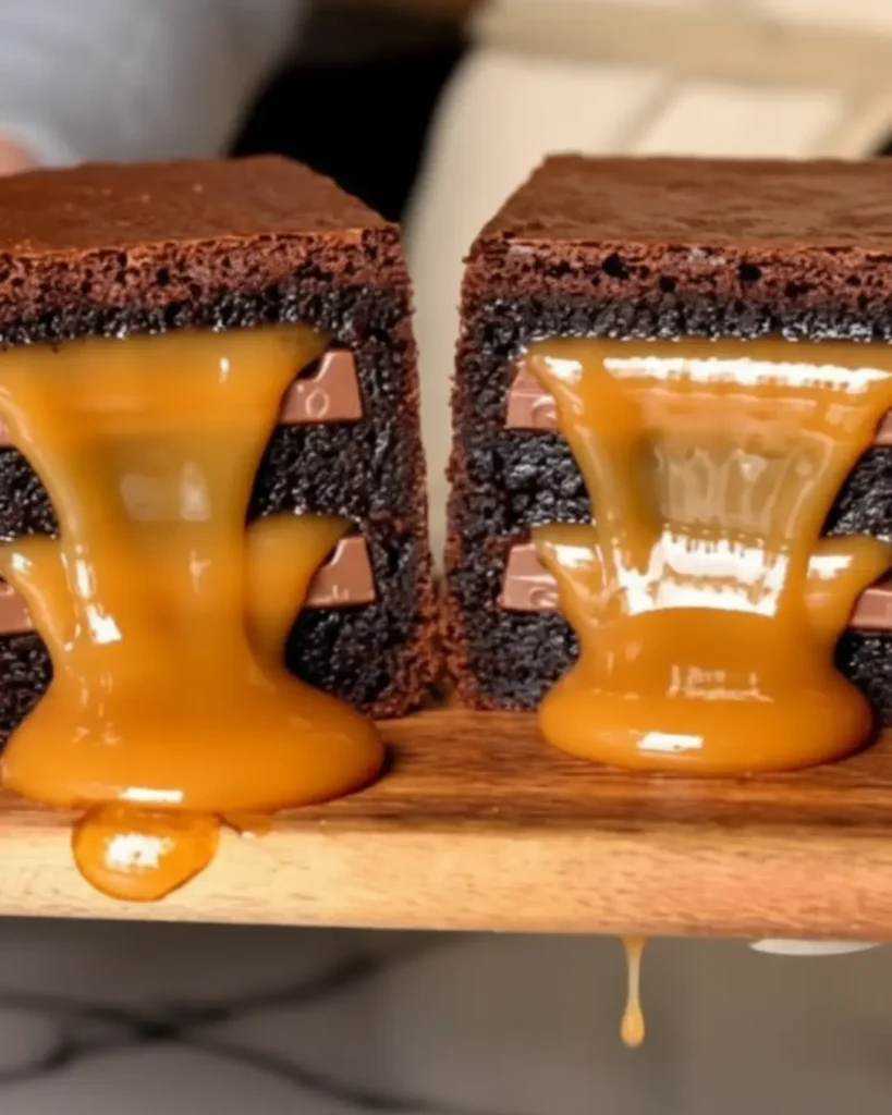 Close-up cross-section of a 6-layer Caramel Brownie cut in half, revealing thick, fudgy chocolate layers, embedded chocolate bars, and warm, gooey caramel oozing out onto a wooden board.