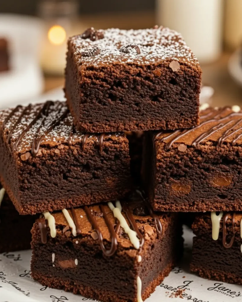 Close up of thick caramel brownies cut in half, revealing chocolate layers and gooey liquid caramel oozing from the center.