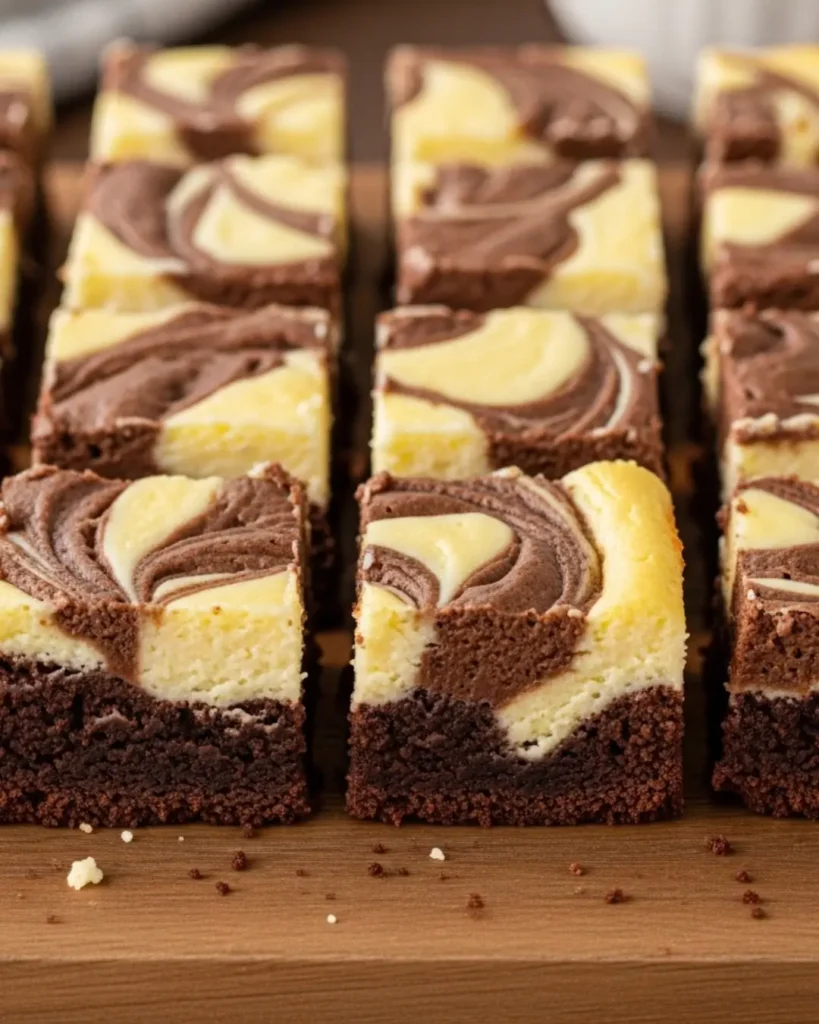 Close-up of freshly baked Easy Mini Cheesecake Brownies with a swirled cream cheese and chocolate top, resting on a wooden board.