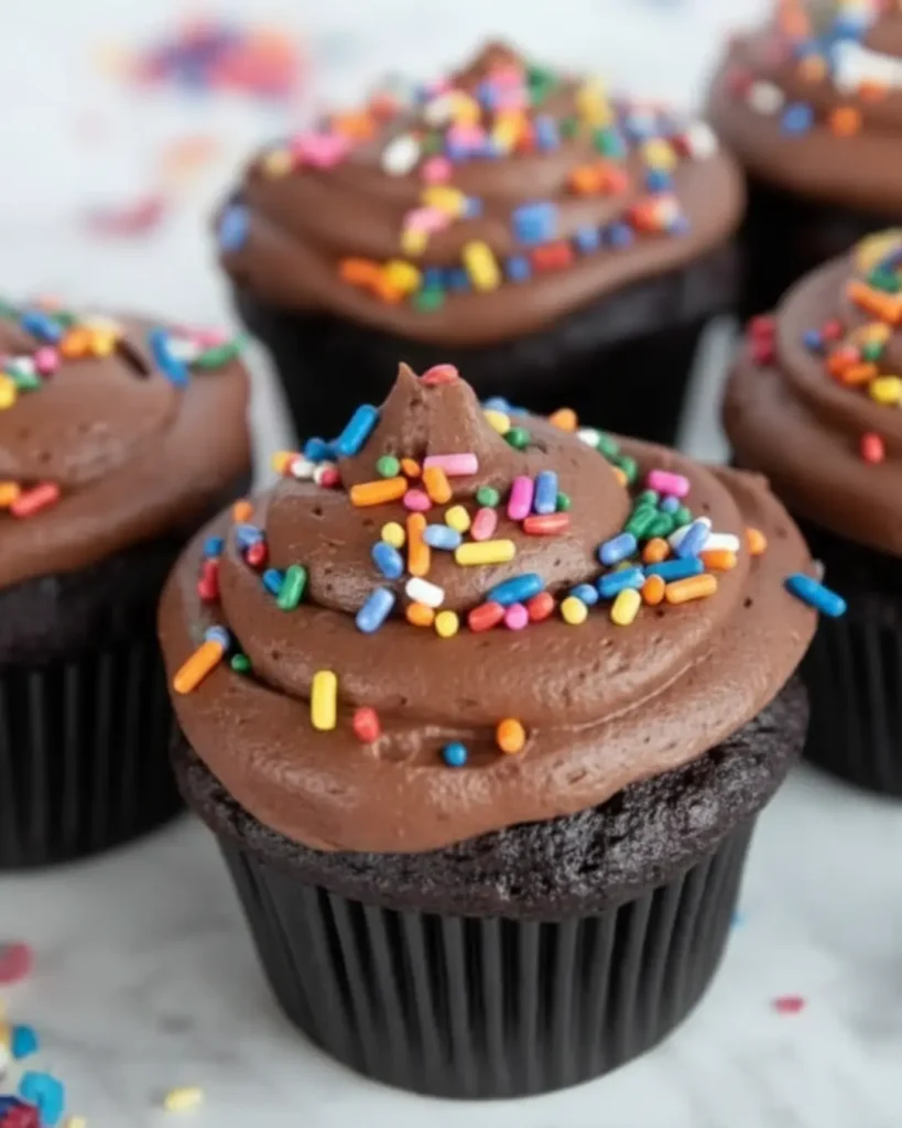 A close-up of a rich, frosted chocolate cupcake with rainbow sprinkles, baked as a miniature version of a gluten free chocolate cake.