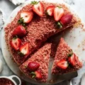 A sliced No Bake Strawberry Crunch Cheesecake topped with fresh strawberry halves on a marble platter.