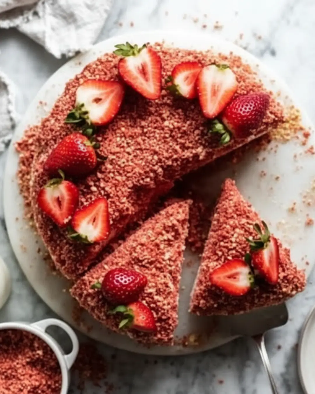 A sliced No Bake Strawberry Crunch Cheesecake topped with fresh strawberry halves on a marble platter.
