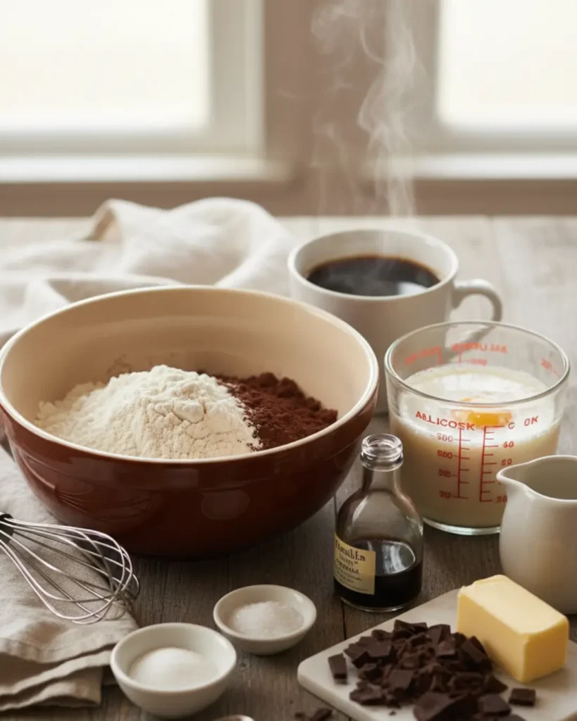 A rustic wooden table displaying baking ingredients for a moist chocolate cake Recipe, including a bowl of flour and cocoa powder, steaming hot coffee, milk, an egg, butter, and vanilla extract.